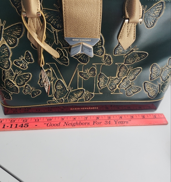 Mario Hernadez Green and Gold Floral Tote Bag with Gold Handles - Picture 2 of 16